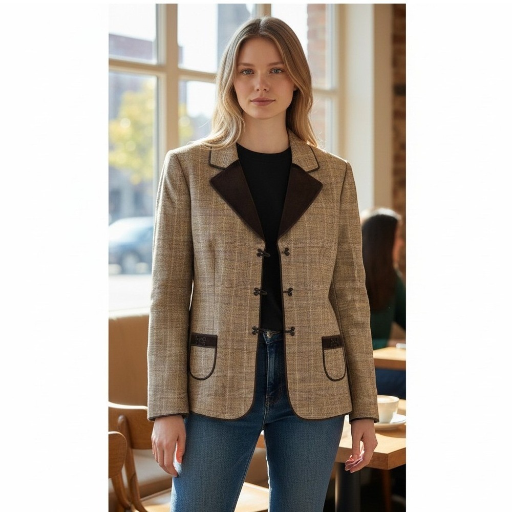 Tahari 2 Piece Set Virgin Wool Plaid Blazer and Wool Knit Top Brown Size 12